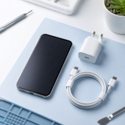 Смартфон, кабель USB-C и адаптер питания
