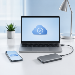 Смартфон, ноутбук и внешний накопитель для резервной копии